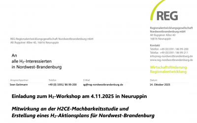 Einladung zum H2-Workshop am 4.11.2025 in Neuruppin Mitwirkung an der H2CE-Machbarkeitsstudie und Erstellung eines H2-Aktionsplans für Nordwest-Brandenburg